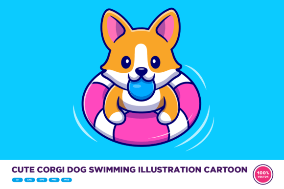 Cute Corgi Dog Swimming Illustration