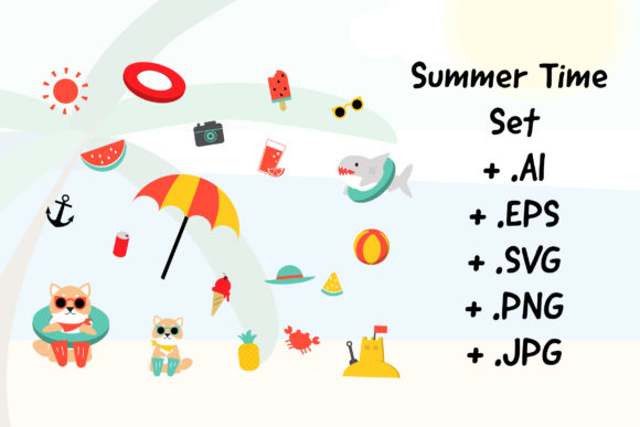Cute Dog with Summer Icon Set